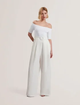 ANGELIY Bardot Knit Top Wide Leg Belted Jumpsuit