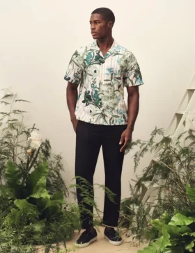 ANUKIS Floral Stripe Print Cotton Short Sleeve Shirt