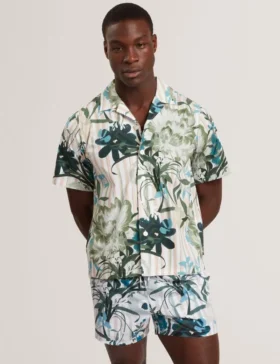 ANUKIS Floral Stripe Print Cotton Short Sleeve Shirt