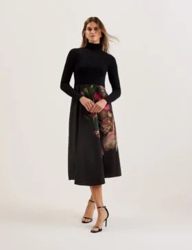 ASNES Knit Bodice Midi Dress With Printed Skirt