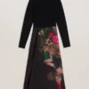 ASNES Knit Bodice Midi Dress With Printed Skirt