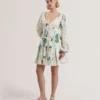 BELVIDA Floral Crochet Trim Linen Mini Dress