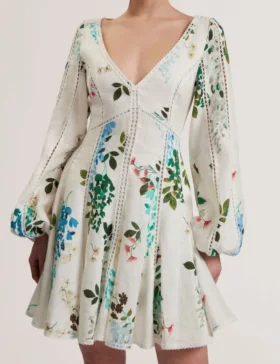BELVIDA Floral Crochet Trim Linen Mini Dress
