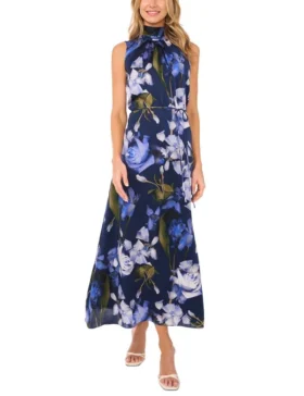 BOW TIE SLEEVELESS MAXI DRESS WITH SELF BELT Navy