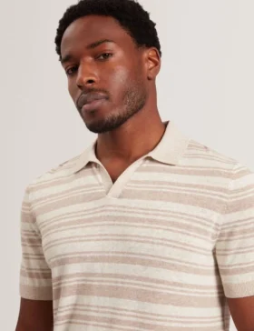 BRODI Striped Linen Blend Knitted Polo Shirt
