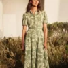 CAMILE Raised Embroidery Cotton Midi Shirt Dress