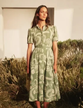 CAMILE Raised Embroidery Cotton Midi Shirt Dress