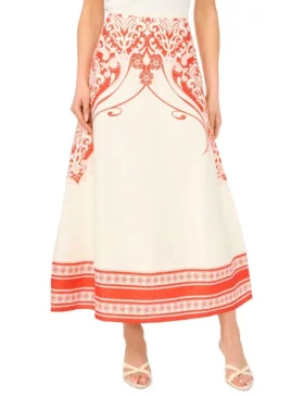 CARMEN Printed Detail Linen A-Line Midi Skirt