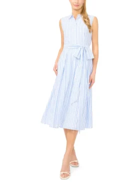 CHARLIEE Striped Tie Waist Sleeveless Shirt Dress