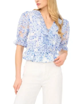CLARISE Floral Ruffled V-Neck Cropped Blouse