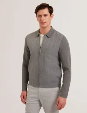 DEJO Herringbone Wool Blend Zip Up Cardigan