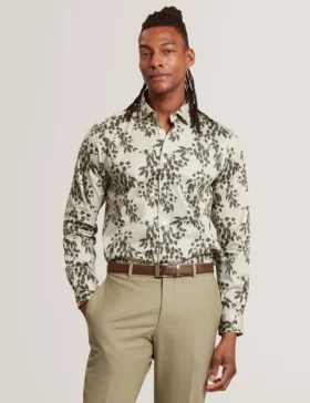 DORNAN Foliage Print Cotton Long Sleeve Shirt