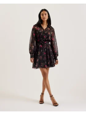 EBENE Floral Print Belted Mini Shirt Dress