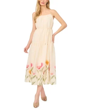 ELINE Floral Hem Woven Strappy Midi Dress