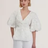 ELLARI Lace Puff Sleeve V-Neck Peplum Top