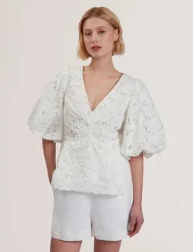 ELLARI Lace Puff Sleeve V-Neck Peplum Top