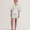 ELLARI Lace Puff Sleeve V-Neck Peplum Top