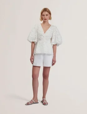 ELLARI Lace Puff Sleeve V-Neck Peplum Top