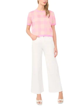 EUNICE Gingham Woven Knit Short Sleeve Top