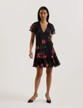 FASNIA Floral Angel Sleeve Wrap Mini Dress