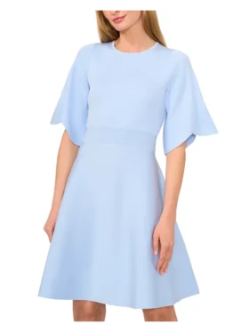 FLARE SHORT SLEEVE CREW NECK MINI DRESS Pl-Blue