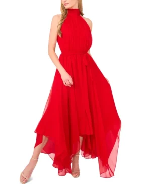 HALTER NECK HANKERCHIEF HEM MIDI DRESS Red