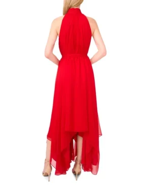 HALTER NECK HANKERCHIEF HEM MIDI DRESS Red