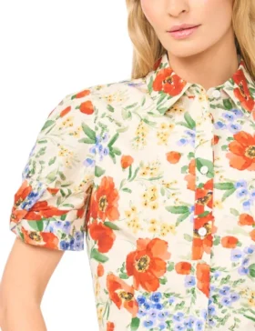 ISADORA Floral Twist Sleeve Cropped Shirt