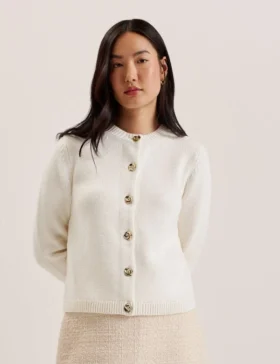 JAYCEY Rose Button Knitted Crew Neck Cardigan