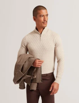 JEREMEE Branded Texture Zip Neck Jumper