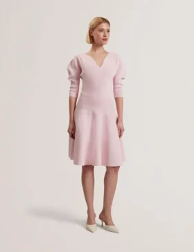 JESCKA Structured Puff Sleeve Knitted Skater Dress