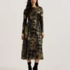 JUNHAA Foil Print Long Sleeve Mesh Midi Dress