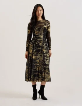 JUNHAA Foil Print Long Sleeve Mesh Midi Dress