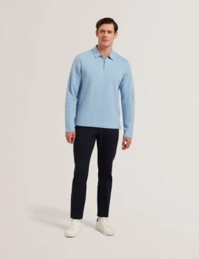 KALEND Herringbone Zip Neck Long Sleeve Polo