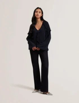 KAYFA Waterfall Ruffle Trim Long Sleeve Blouse