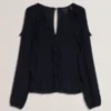 KAYFA Waterfall Ruffle Trim Long Sleeve Blouse