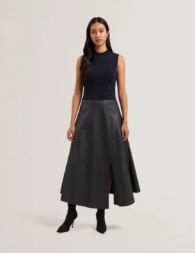 LABASA Sleeveless Knit Faux Leather Midi Dress