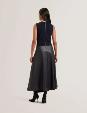 LABASA Sleeveless Knit Faux Leather Midi Dress
