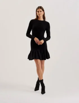 LOISSS Flounce Hem Long Sleeve Knitted Mini Dress