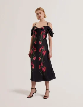 LUCERN Floral Satin Off Shoulder Bias Midi Dress