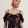LUCERN Floral Satin Off Shoulder Bias Midi Dress