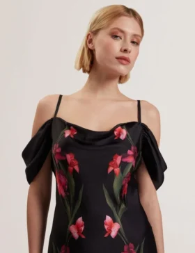 LUCERN Floral Satin Off Shoulder Bias Midi Dress