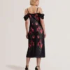 LUCERN Floral Satin Off Shoulder Bias Midi Dress