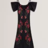 LUCERN Floral Satin Off Shoulder Bias Midi Dress