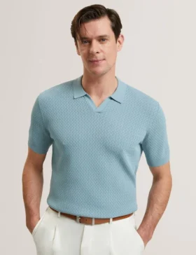 LUTHEN Zig Zag Knit Open Neck Polo