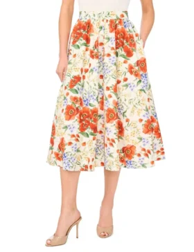 MARI Poppy Print Cotton A-Line Midi Skirt