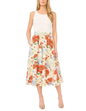 MARI Poppy Print Cotton A-Line Midi Skirt