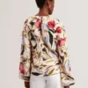 MINASA Floral Print Frill Trim Long Sleeve Blouse