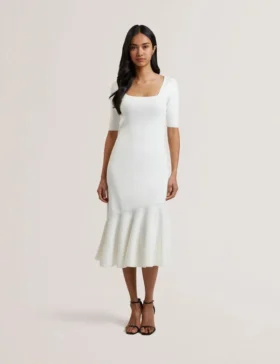 MIYHAA Flippy Hem Square Neck Knitted Midi Dress