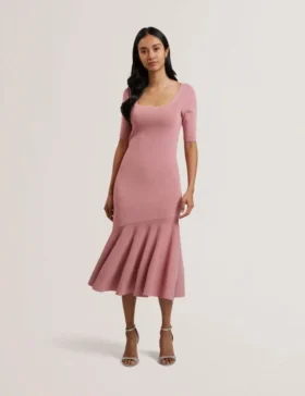 MIYHAA Flippy Hem Square Neck Knitted Midi Dress
